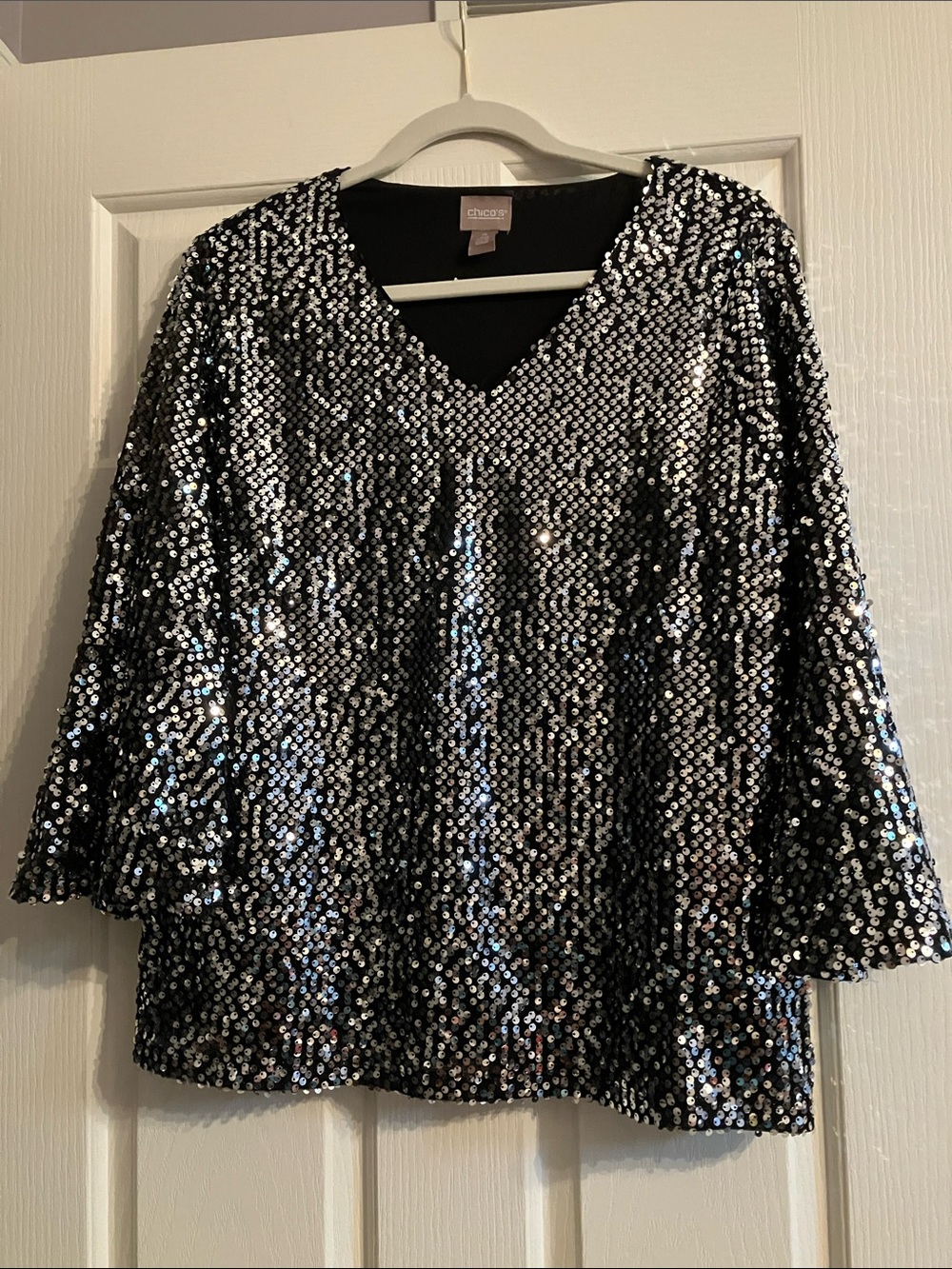 Chico's Silver Sequin V-Neck Top size 2